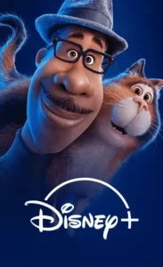 Imagen promocional de Disney+ con personajes animados de Soul y logo de la plataforma