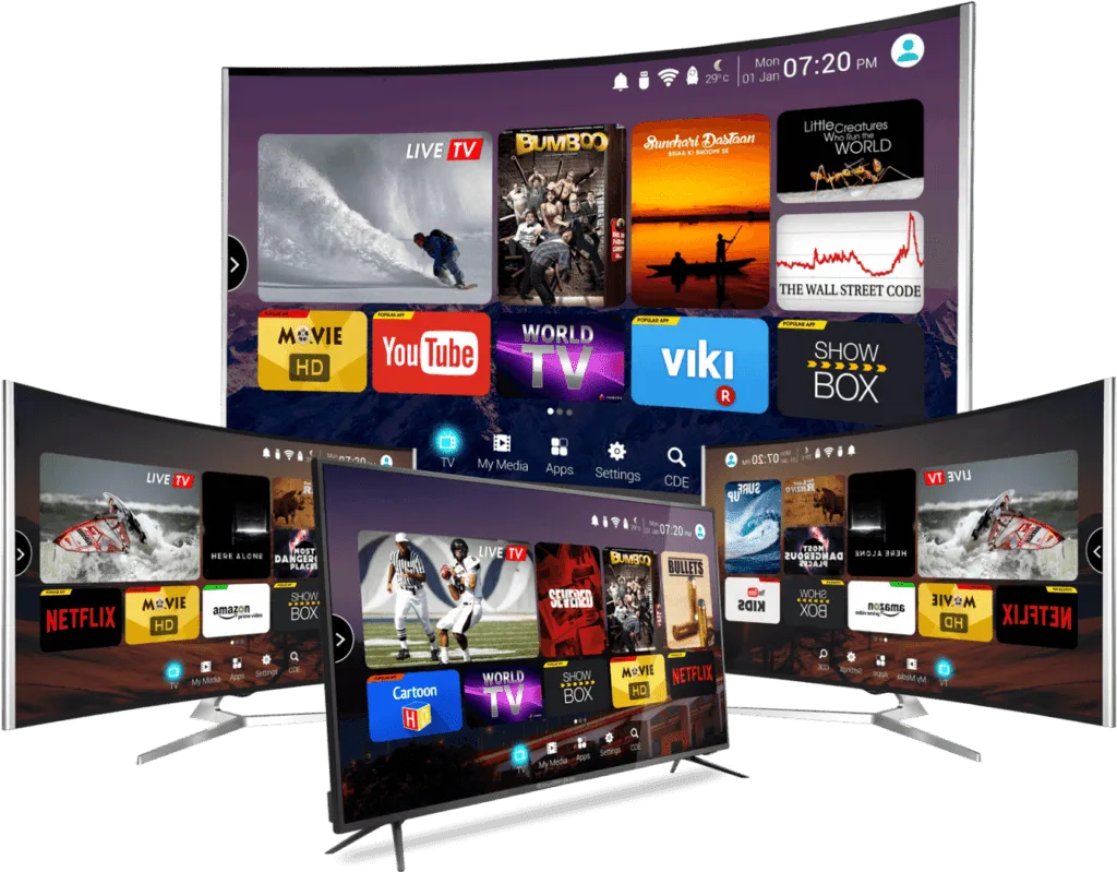 Televisores inteligentes mostrando interfaces de IPTV con múltiples aplicaciones y canales como Netflix, Live TV, YouTube y ShowBox en diferentes pantallas