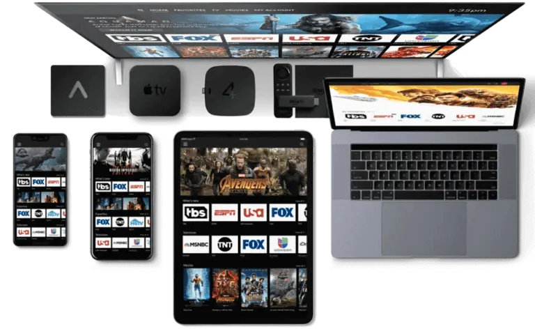 Dispositivos múltiples mostrando servicios de streaming en diferentes plataformas: smartphone, tablet, laptop y Apple TV con canales como HBO, ESPN, FOX y TNT