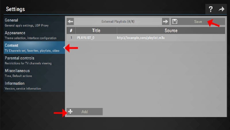 Menú de configuración de SS IPTV para añadir listas de reproducción externas