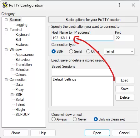 Ventana de configuración de PuTTY con opciones de conexión SSH, mostrando la dirección IP 192.168.1.1 y el puerto 22 seleccionados, con una flecha roja señalando el campo de dirección IP.