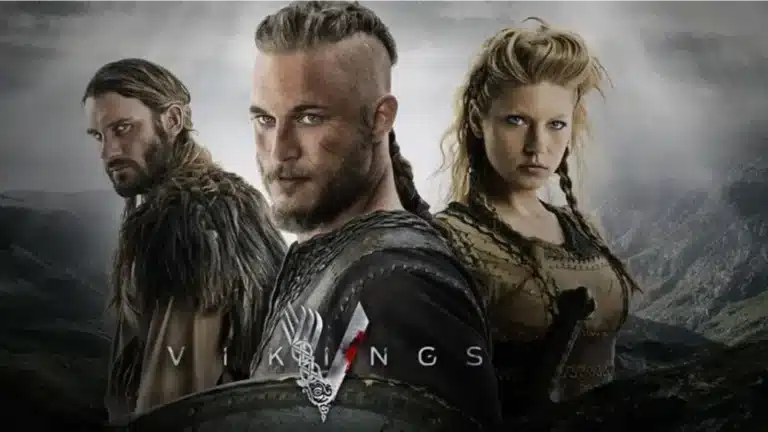 Póster de la serie Vikings mostrando tres guerreros nórdicos en actitud desafiante