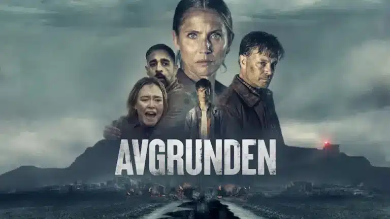 Poster promocional de la serie Avgrunden mostrando un grupo de personajes con expresiones serias frente a un paisaje montañoso