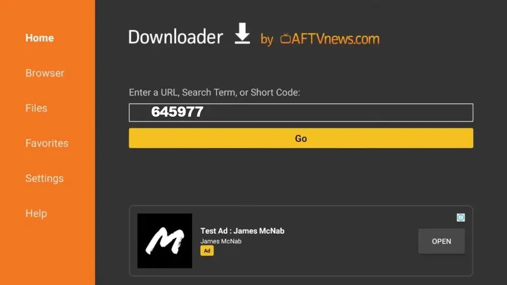 Downloader con código 645977 ingresado para instalar SS IPTV en Fire TV