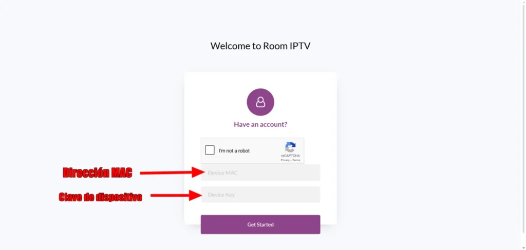 Pantalla de inicio de Room IPTV con campos para dirección MAC y clave de dispositivo