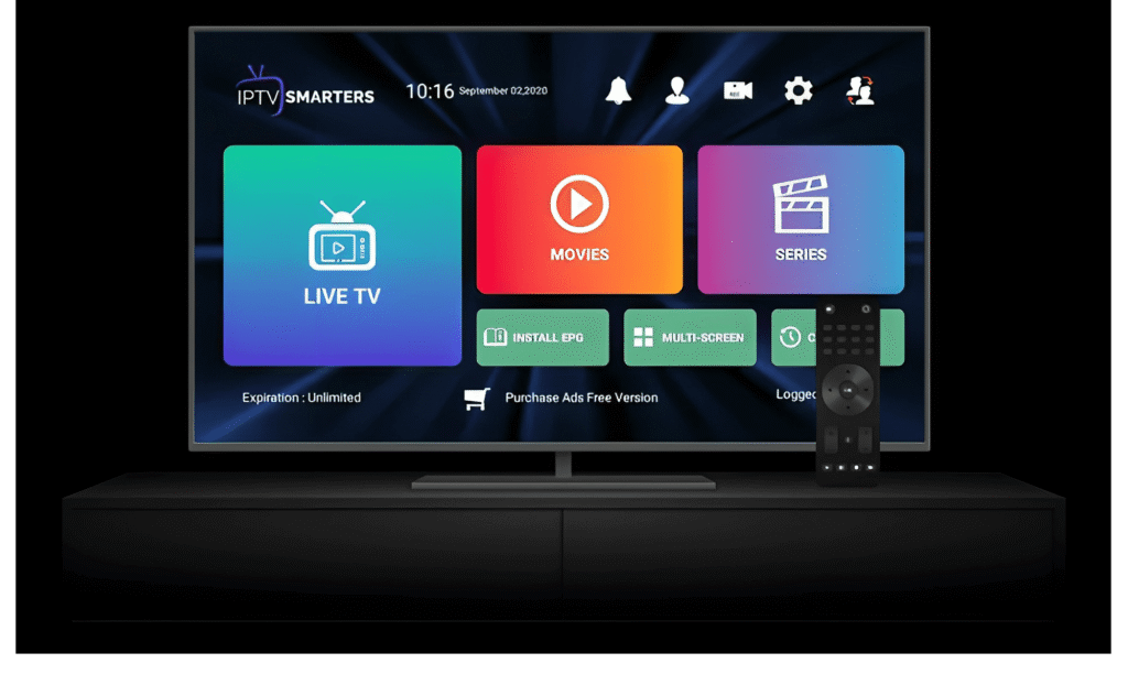 Interfaz de usuario de IPTV Smarters mostrando secciones de Live TV, Movies y Series con visualización en Smart tv