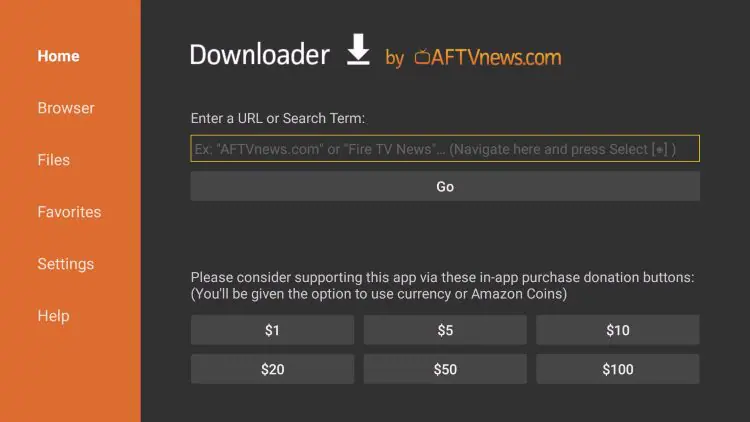 Aplicación Downloader en Fire TV con interfaz principal para introducir URLs