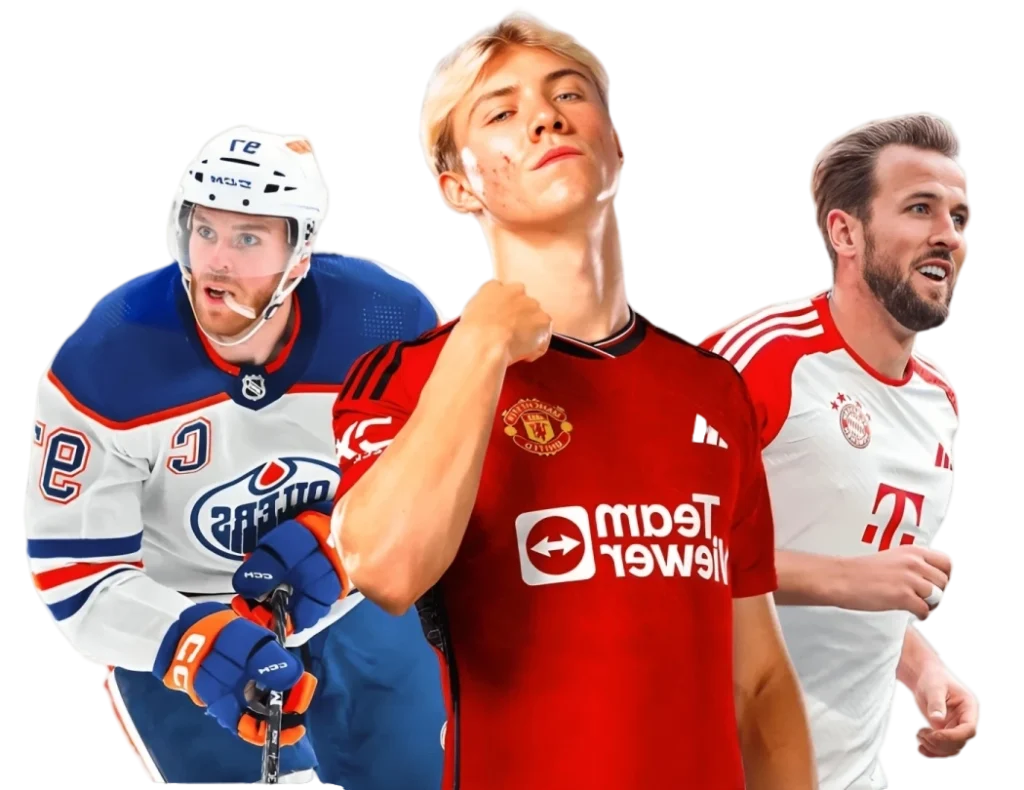 Deportistas profesionales de diferentes disciplinas: jugador de hockey de Edmonton Oilers, futbolista del Manchester United y jugador del Bayern Munich, todos disponibles en eventos deportivos a través de nuestra lista de IPTV