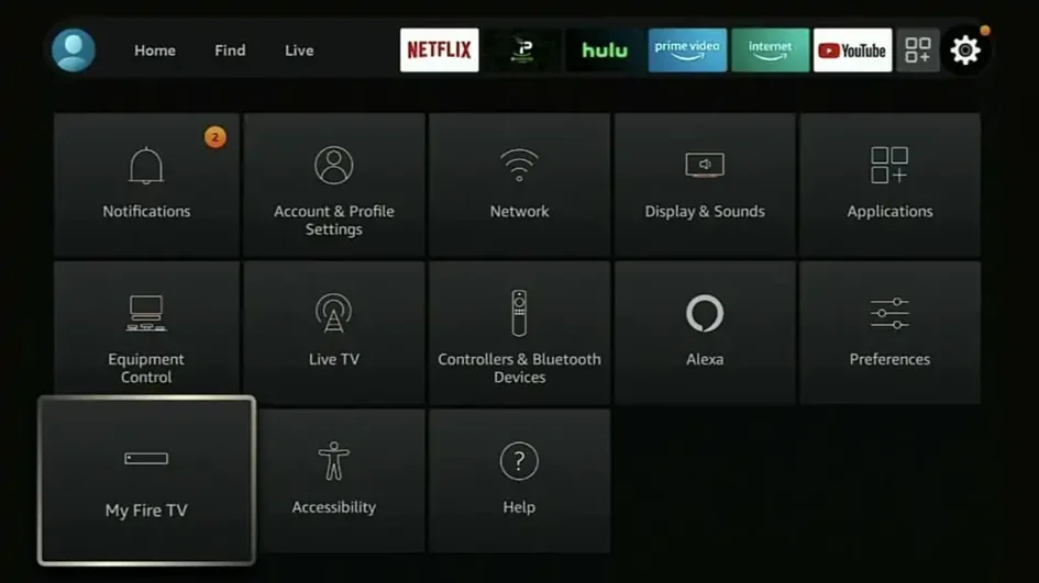 Menú de configuración principal de Fire TV con opciones como Notificaciones, Red y Aplicaciones.