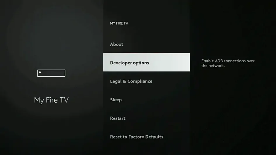 Submenú de Mi Fire TV con opción de Opciones para desarrolladores resaltada.