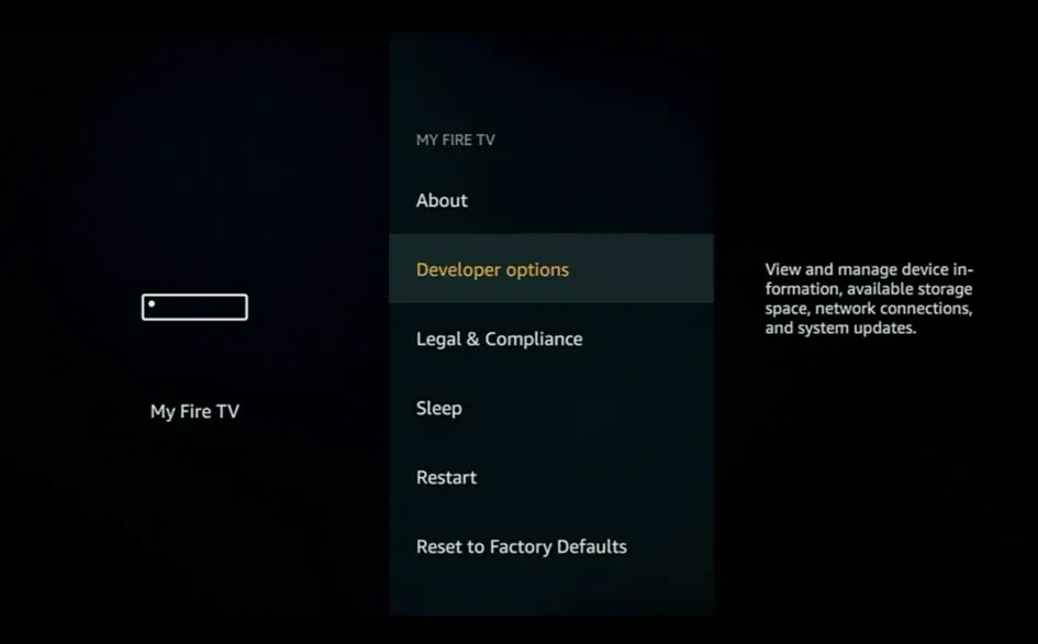 Opciones de desarrollador destacadas en el menú de Mi Fire TV.