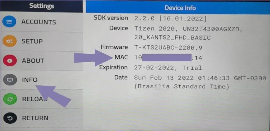 Información del dispositivo Tizen mostrando la dirección MAC necesaria para activación