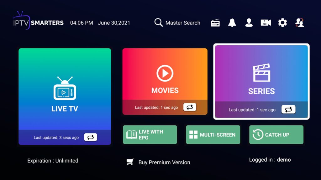 Interfaz IPTV Smarters con menú de opciones Live TV, Movies y Series en bloques coloridos, mostrando fecha 30/06/2021 y hora 04:06 PM, con estado "demo" en sesión.