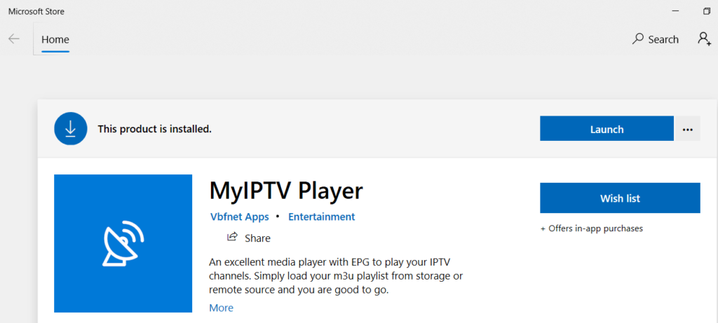 Aplicación MyIPTV Player en Microsoft Store mostrando funciones EPG para IPTV en Windows.
