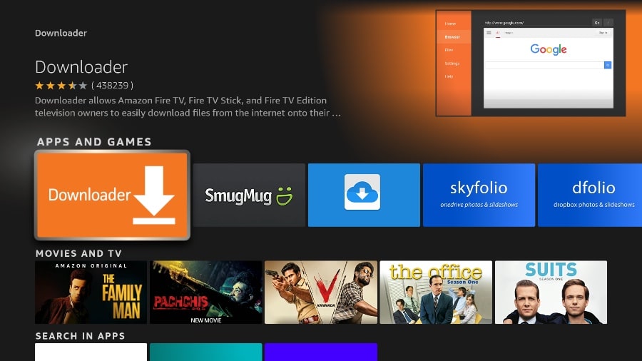 Aplicación Downloader en Fire TV con su icono naranja distintivo y navegador integrado mostrando Google