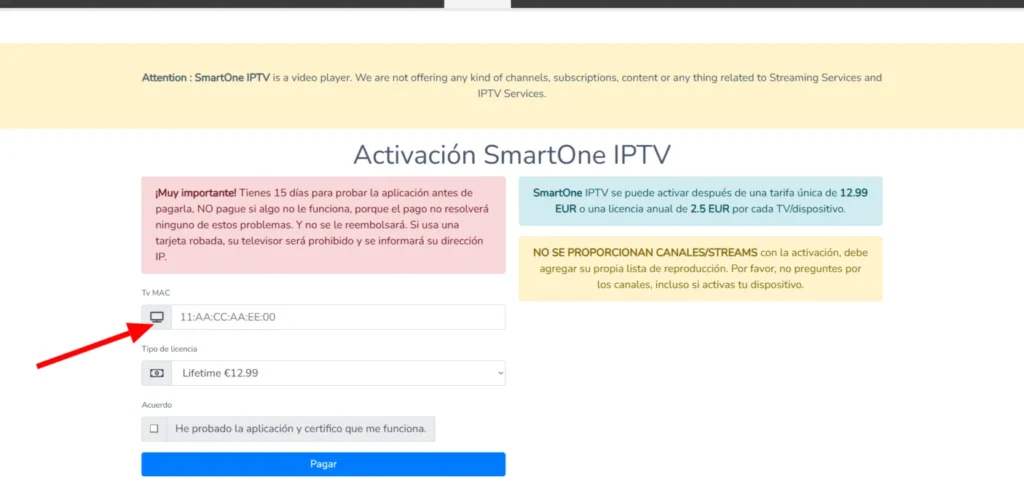 Página de activación de SmartOne IPTV con opciones de licencia anual y de por vida
