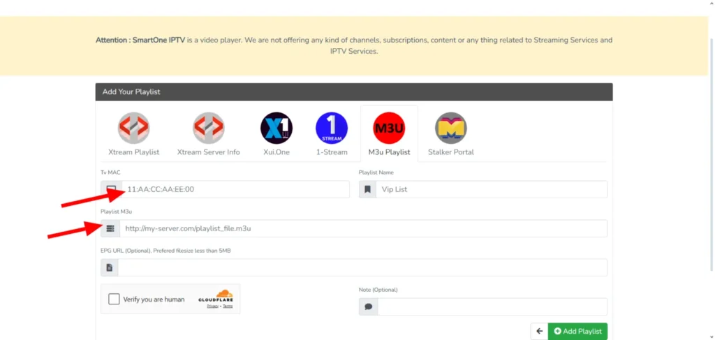 Portal de configuración para añadir listas de reproducción en formatos M3U y Xtream