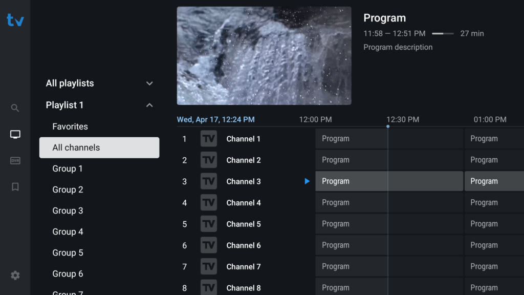 Guía de programación IPTV con 8 canales listados, vista previa de contenido, horarios para el 17 de abril y opciones de organización por listas de reproducción y grupos.RetryClaude does not have internet access. Links provided may not be accurate or up to date.Claude can make mistakes. Please double-check responses.