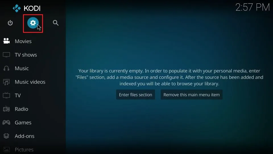 Icono de configuración resaltado en el menú principal de Kodi
