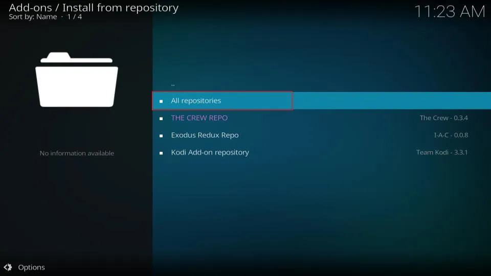 Selección del repositorio oficial de Kodi entre los disponibles