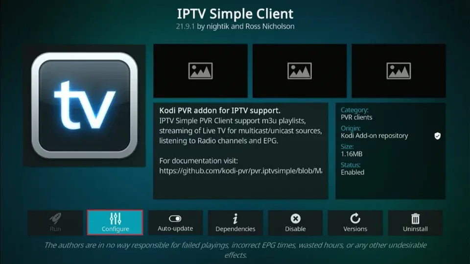 Botón Configurar en la página principal de IPTV Simple Client