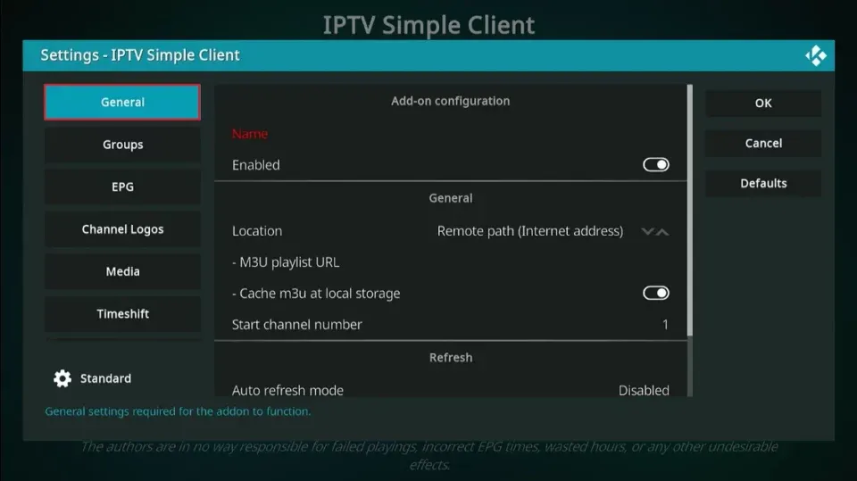 Pestaña General en la configuración de IPTV Simple Client